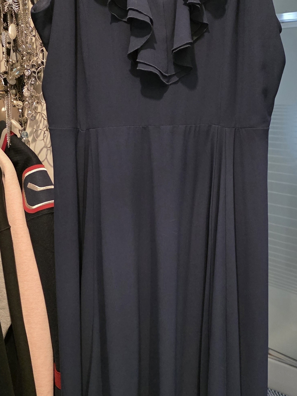 Suzy Shier Navy Ruffle Maxi Dress